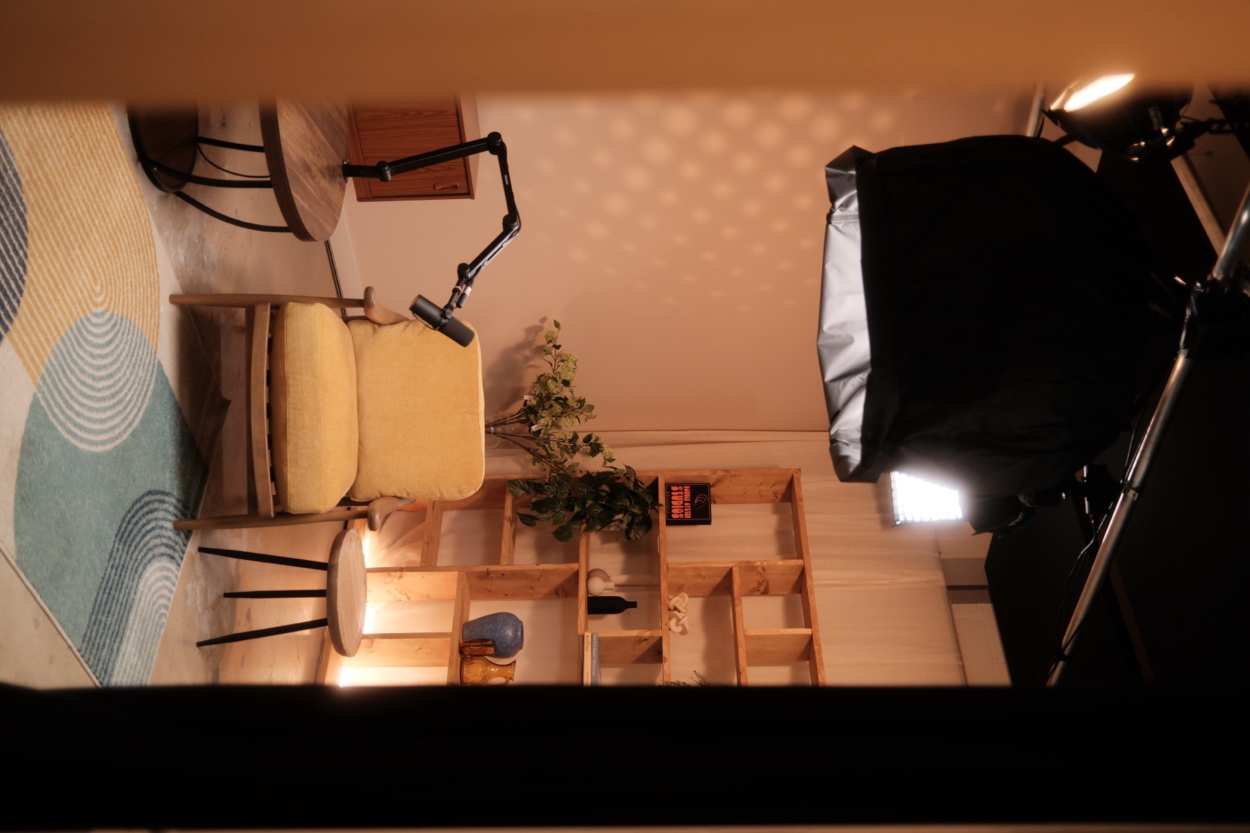 The chair and shelving corner, mic'd up and ready to record.