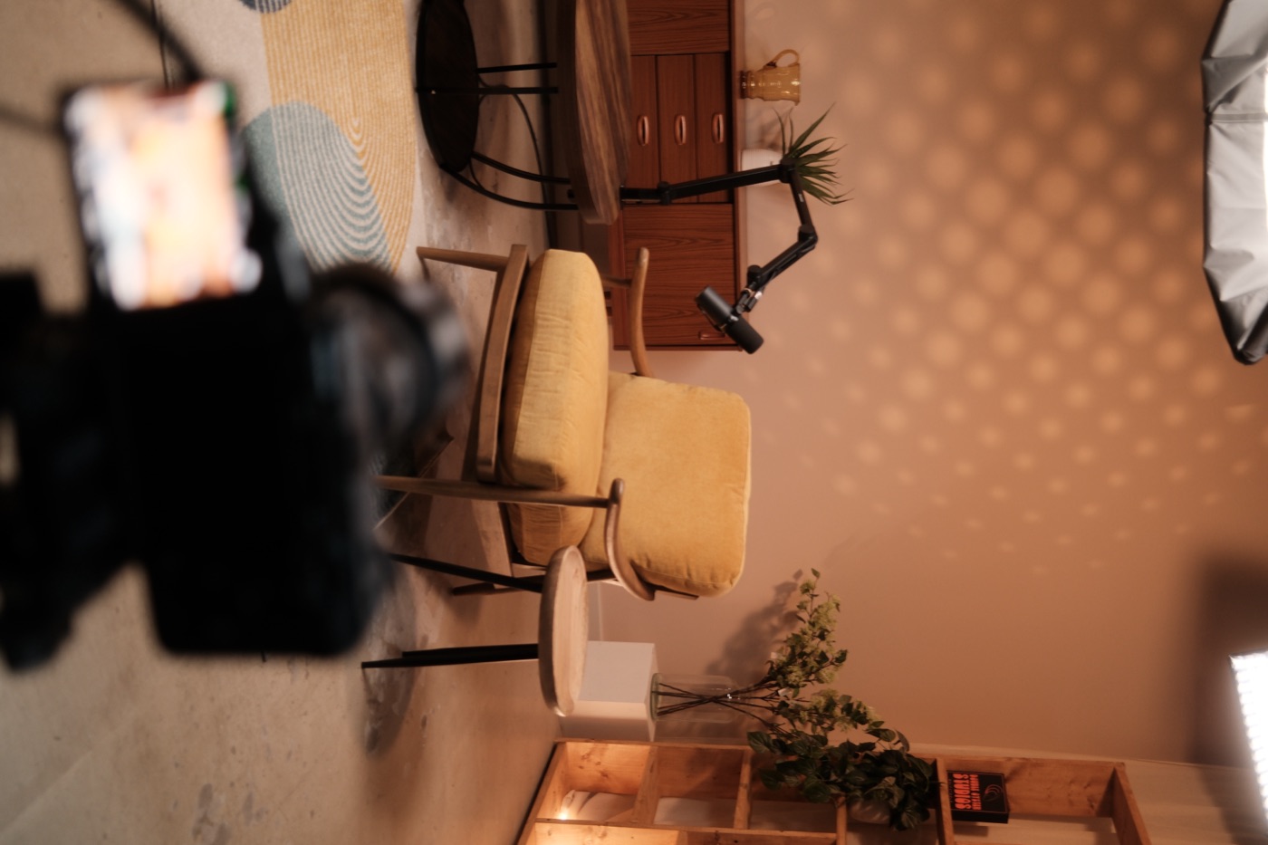 Another view of the seating area, with softbox lighting.